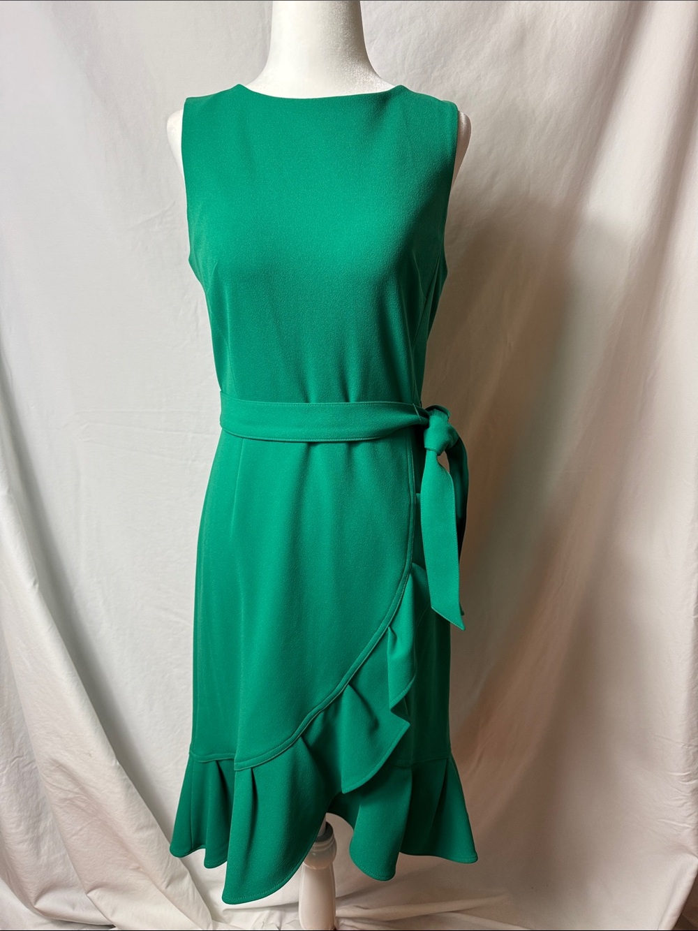 Calvin Klein Emerald Green Sleeveless Ruffle Wrap Midi Dress with Waist Tie